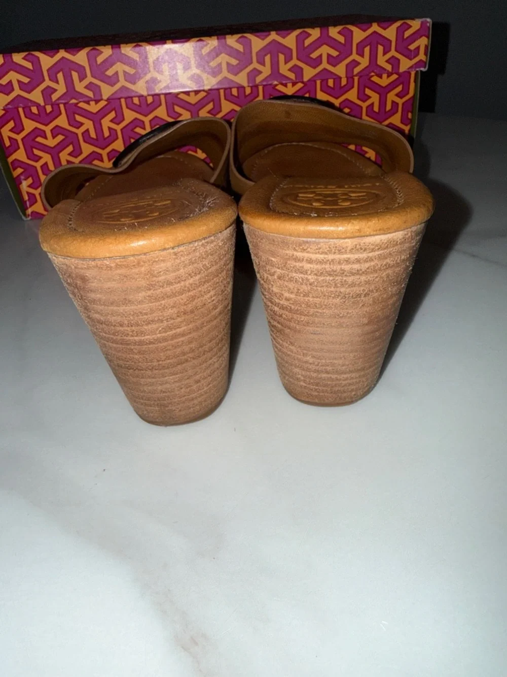 Tory Burch Cognac Leather Wedge Slide Sandals